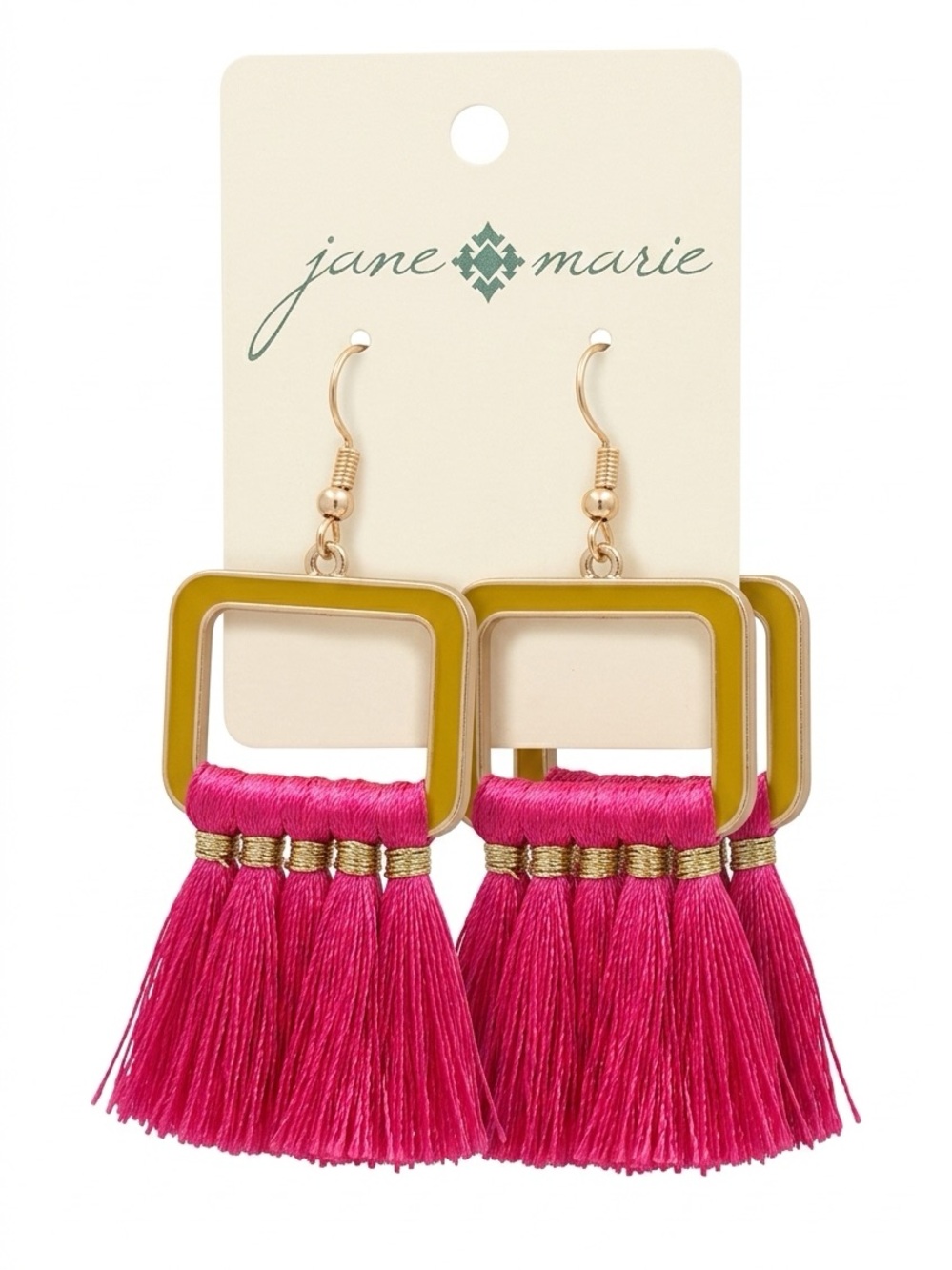 Anne Marie Hot Pink Tassel Square Drop Earrings with Gold Accents